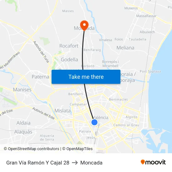València. Ramón Y Cajal (Parell) - Jesús to Moncada map