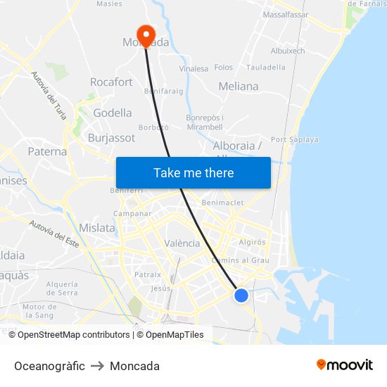 Oceanogràfic to Moncada map