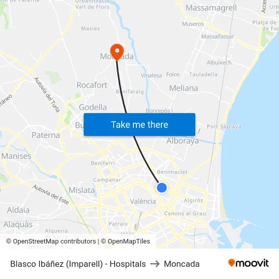 Blasco Ibáñez (Imparell) - Hospitals to Moncada map