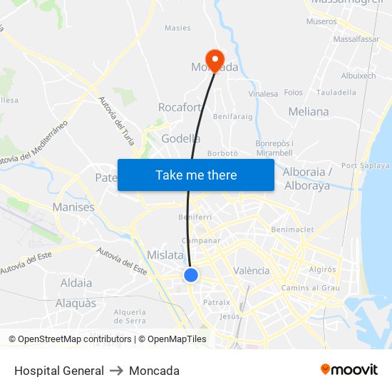 Hospital General to Moncada map