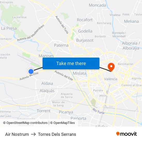 Air Nostrum to Torres Dels Serrans map
