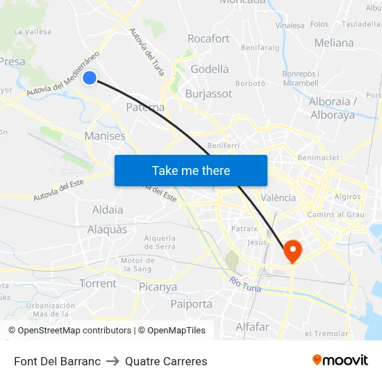 Font Del Barranc to Quatre Carreres map