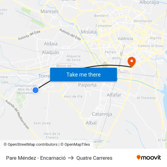 Pare Méndez - Encarnació to Quatre Carreres map