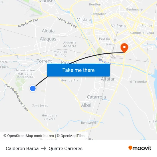 Calderón Barca to Quatre Carreres map