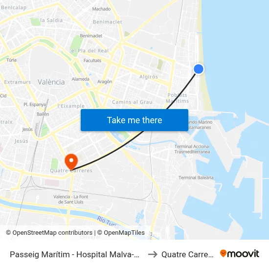 Passeig Marítim - Hospital Malva-Rosa to Quatre Carreres map