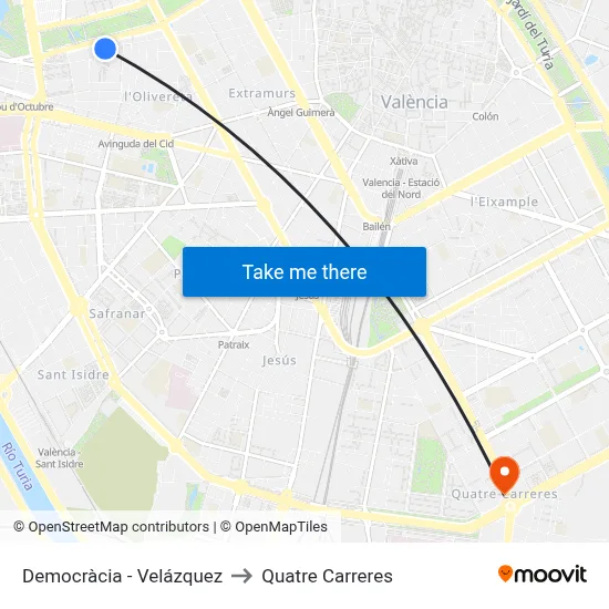Democràcia - Velázquez to Quatre Carreres map