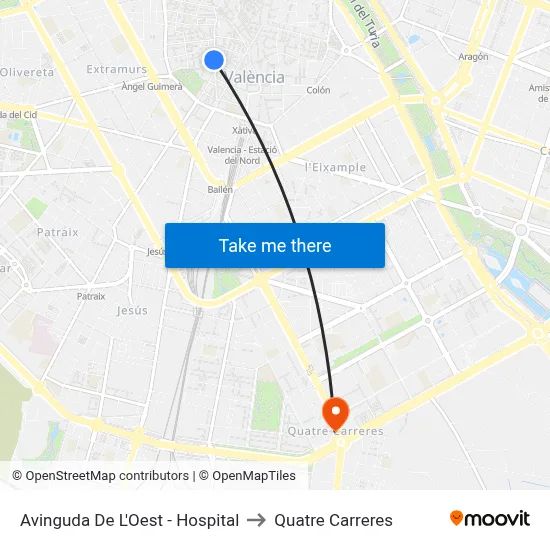 Avinguda De L'Oest - Hospital to Quatre Carreres map
