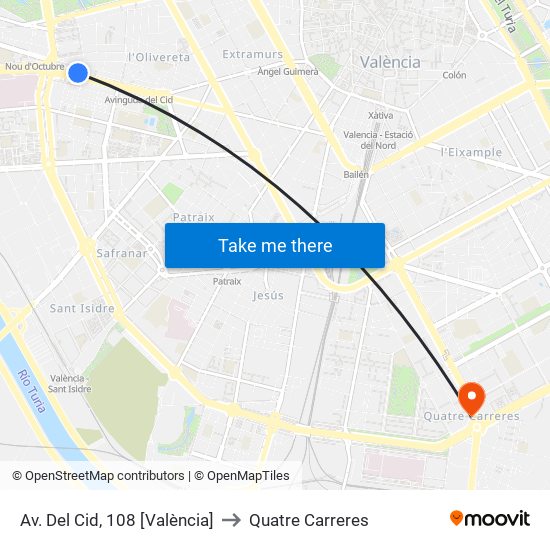 Av. Del Cid, 108 [València] to Quatre Carreres map