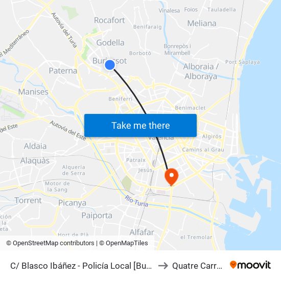 C/ Blasco Ibáñez - Policía Local [Burjassot] to Quatre Carreres map