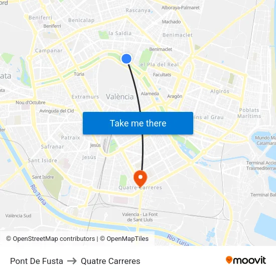 Pont De Fusta to Quatre Carreres map