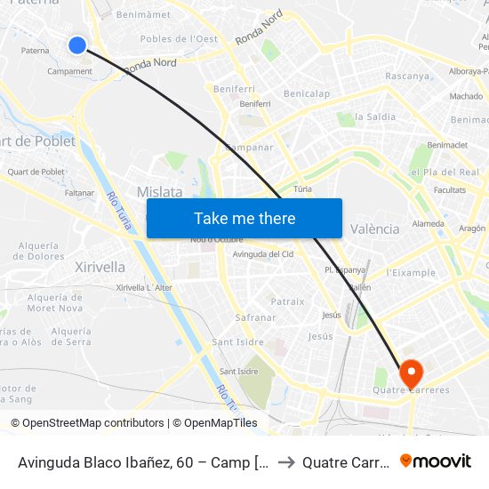 Avinguda Blaco Ibañez, 60 – Camp [Paterna] to Quatre Carreres map