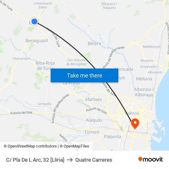 C/ Pla De L Arc, 32 [Llíria] to Quatre Carreres map