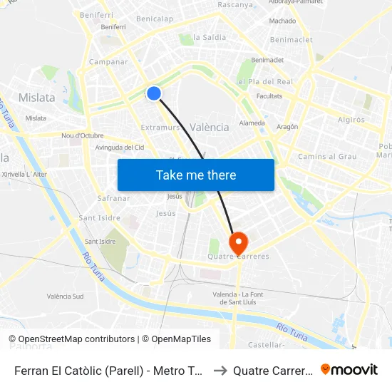 València. Ferran El Catòlic (Parell) - Metro Túria to Quatre Carreres map