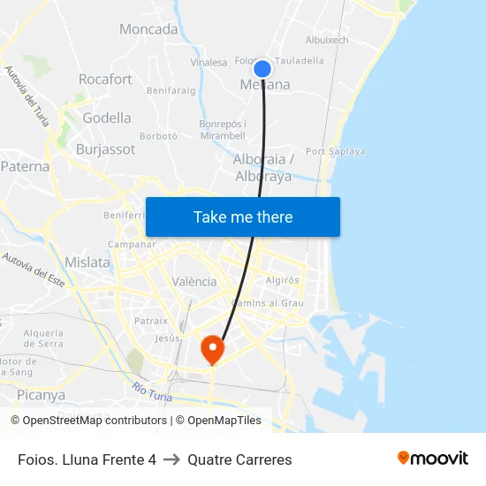Foios. Lluna Frente 4 to Quatre Carreres map