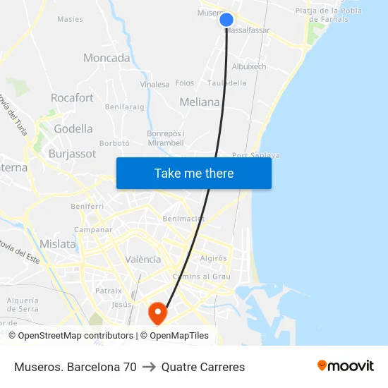 Museros. Barcelona 70 to Quatre Carreres map