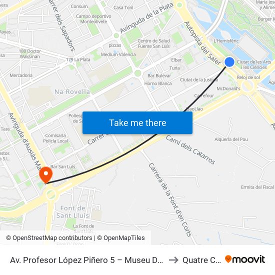 Av. Profesor López Piñero 5 – Museu De Les Ciències [València] to Quatre Carreres map