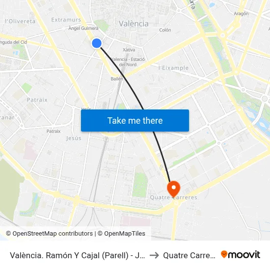 València. Ramón Y Cajal (Parell) - Jesús to Quatre Carreres map