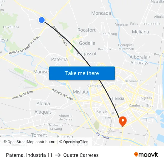 Paterna. Industria 11 to Quatre Carreres map
