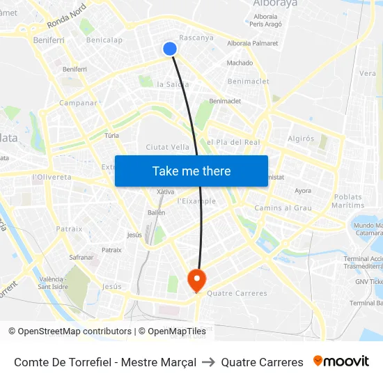 Comte De Torrefiel - Mestre Marçal to Quatre Carreres map