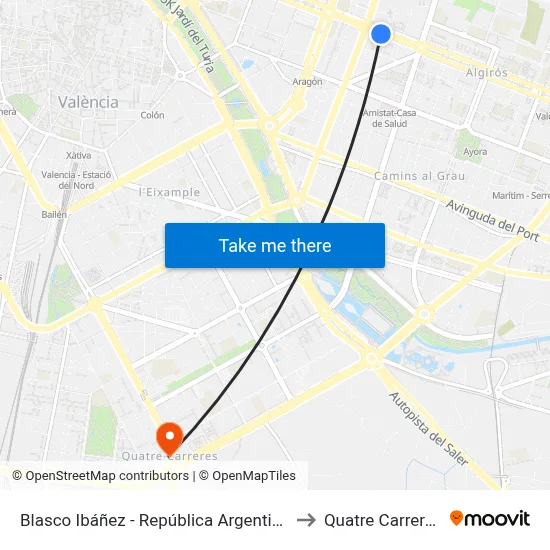 Blasco Ibáñez - República Argentina to Quatre Carreres map