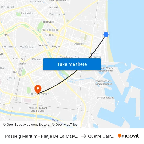 Passeig Marítim - Platja De La Malva-Rosa to Quatre Carreres map