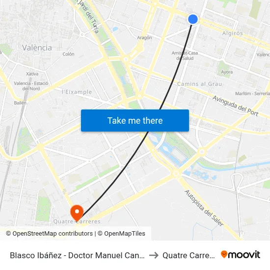 Blasco Ibáñez - Doctor Manuel Candela to Quatre Carreres map