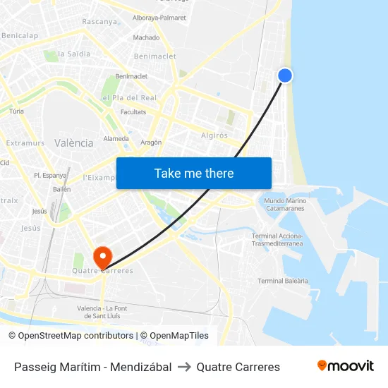 Passeig Marítim - Mendizábal to Quatre Carreres map