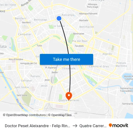Doctor Peset Aleixandre - Felip Rinaldi to Quatre Carreres map