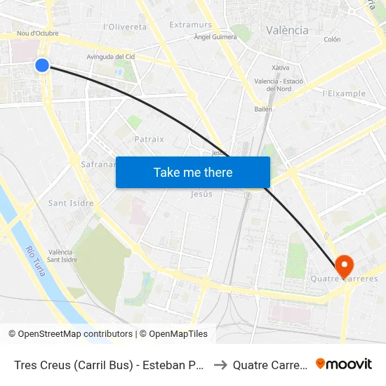 Tres Creus (Carril Bus) - Esteban Pernet to Quatre Carreres map