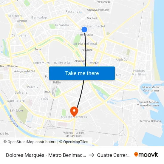 Dolores Marqués - Metro Benimaclet to Quatre Carreres map