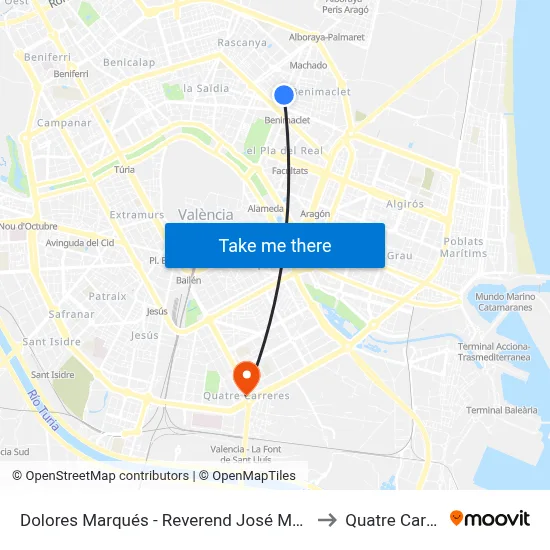 Dolores Marqués - Reverend José María Pinazo to Quatre Carreres map