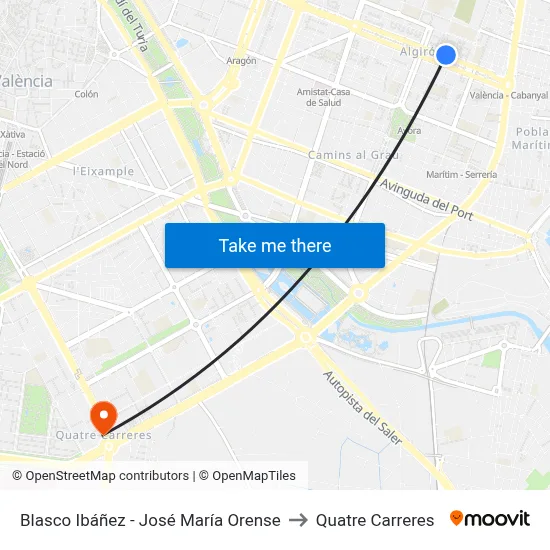 Blasco Ibáñez - José María Orense to Quatre Carreres map