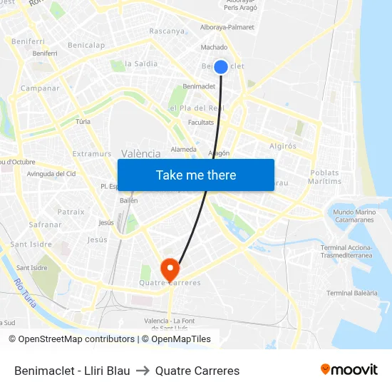 Benimaclet - Lliri Blau to Quatre Carreres map