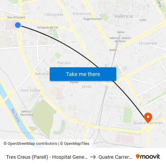 Tres Creus (Parell) - Hospital General to Quatre Carreres map