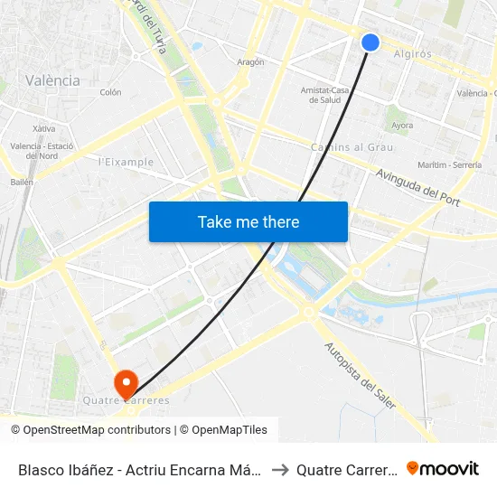 Blasco Ibáñez - Actriu Encarna Máñez to Quatre Carreres map