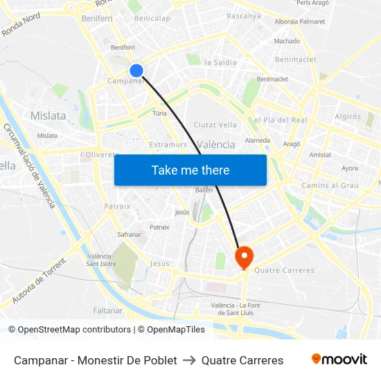 Campanar - Monestir De Poblet to Quatre Carreres map