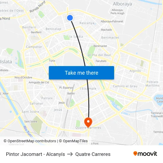 Pintor Jacomart - Alcanyís to Quatre Carreres map