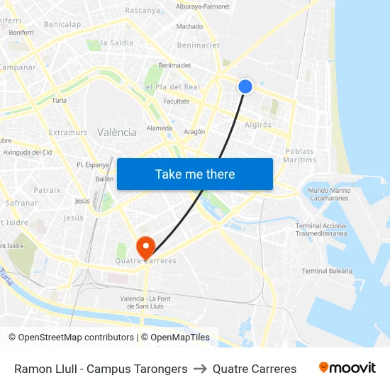Ramon Llull - Campus Tarongers to Quatre Carreres map