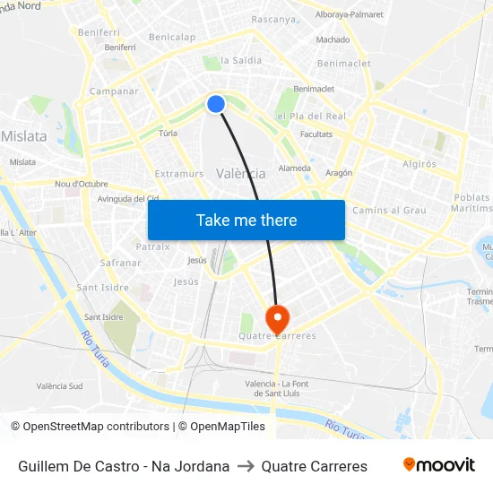 Guillem De Castro - Na Jordana to Quatre Carreres map