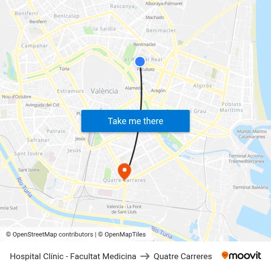 Hospital Clínic - Facultat Medicina to Quatre Carreres map