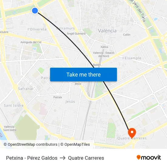 Petxina - Pérez Galdos to Quatre Carreres map