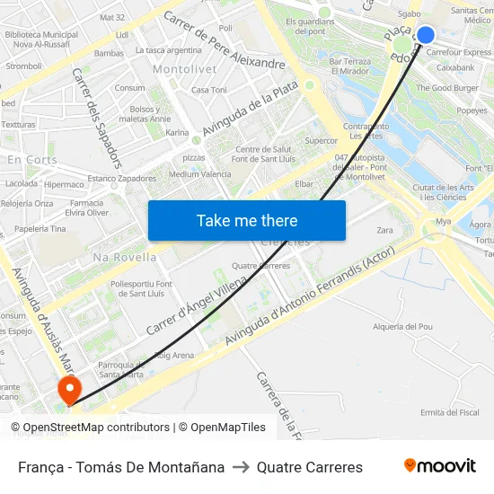 França - Tomás De Montañana to Quatre Carreres map