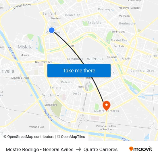 Mestre Rodrigo - General Avilés to Quatre Carreres map