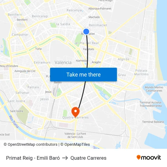 Primat Reig - Emili Baró to Quatre Carreres map