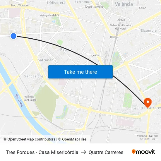 Tres Forques - Casa Misericòrdia to Quatre Carreres map