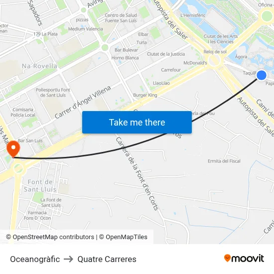 Oceanogràfic to Quatre Carreres map