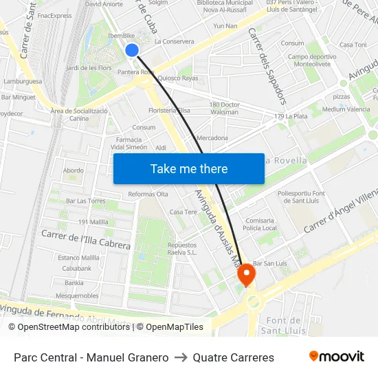 Parc Central - Manuel Granero to Quatre Carreres map