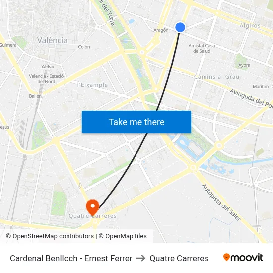 Cardenal Benlloch - Ernest Ferrer to Quatre Carreres map