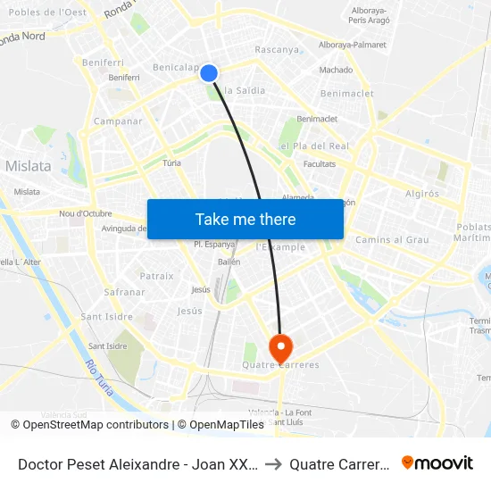 Doctor Peset Aleixandre - Joan XXIII to Quatre Carreres map