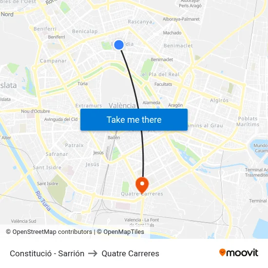 Constitució - Sarrión to Quatre Carreres map